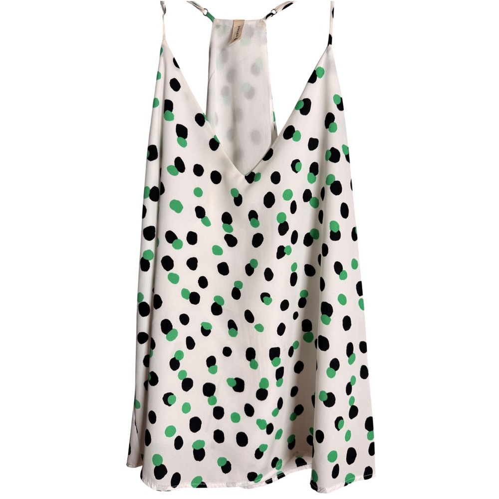 Tyche Polka Dot Tank‎ Top Women Medium White Green Racerback Polyester T-5602
